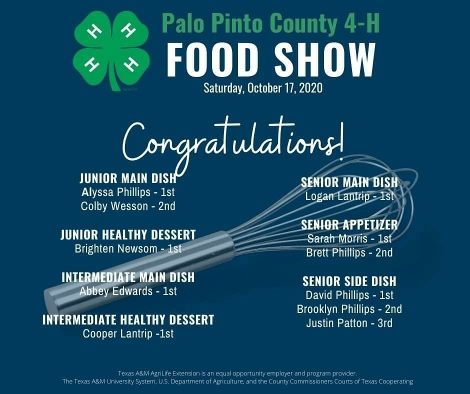 Congratulations to Brighton and Justin, who placed 1st and 3rd today, respectively, in the Palo Pinto County 4-H Food Show!