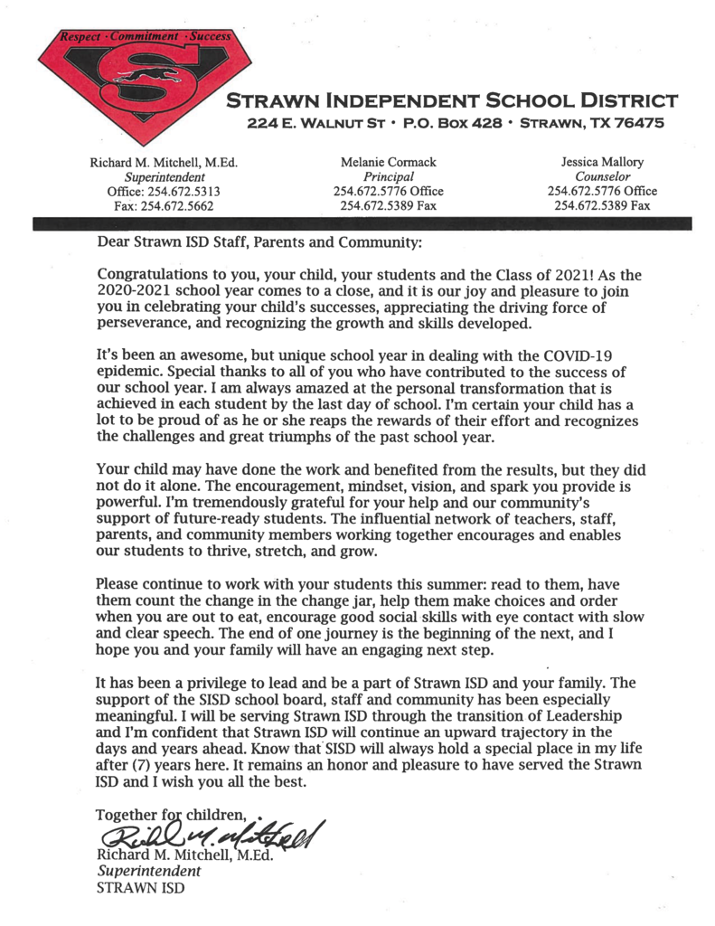 End of the Year Letter from Mr. Mitchell