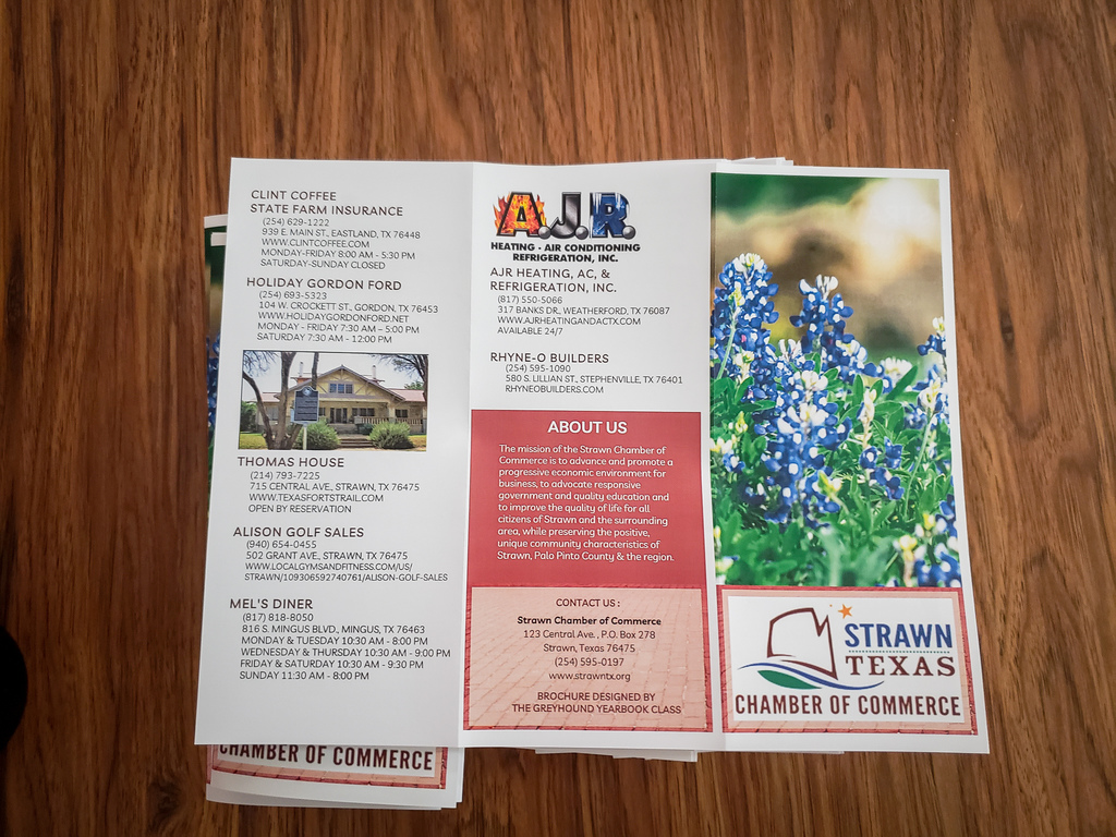 Tri-fold Brochure created by the Greyhound Yearbook Class for the Strawn Chamber of Commerce - outside