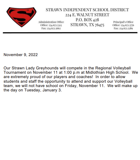 Volleyball Regionals - No School Nov. 11