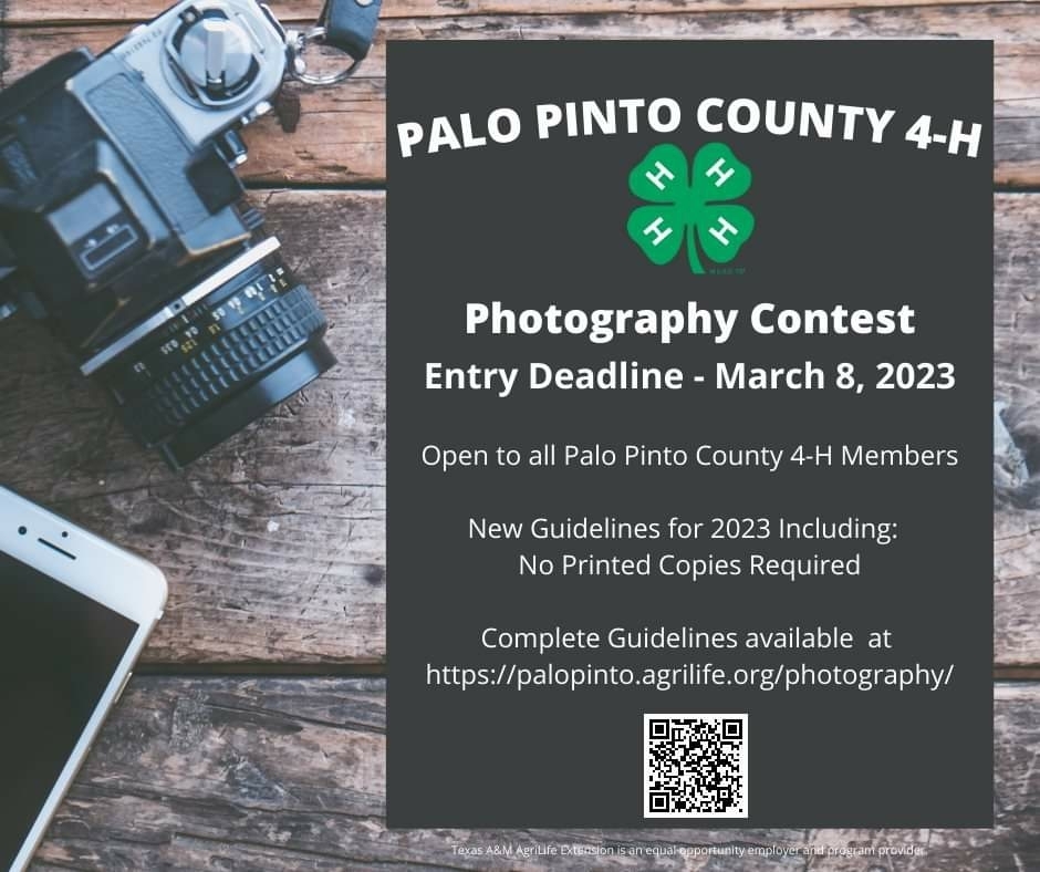 Entries for the Palo Pinto County 4-H Photography Contest are due Wednesday, March 8, 2023.  Please visit the link below for complete rules and guidelines.  If you have any questions, please call the Extension office at 940-659-1228.
https://palopinto.agrilife.org/2023/01/27/new-guidelines-county-4-h-photography-contest/