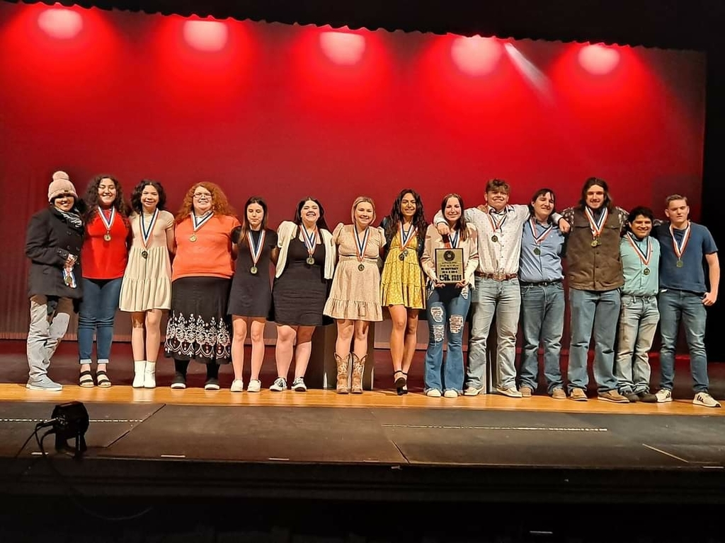 Strawn ISD One Act Play with ribbons and plaque after Bi-District 