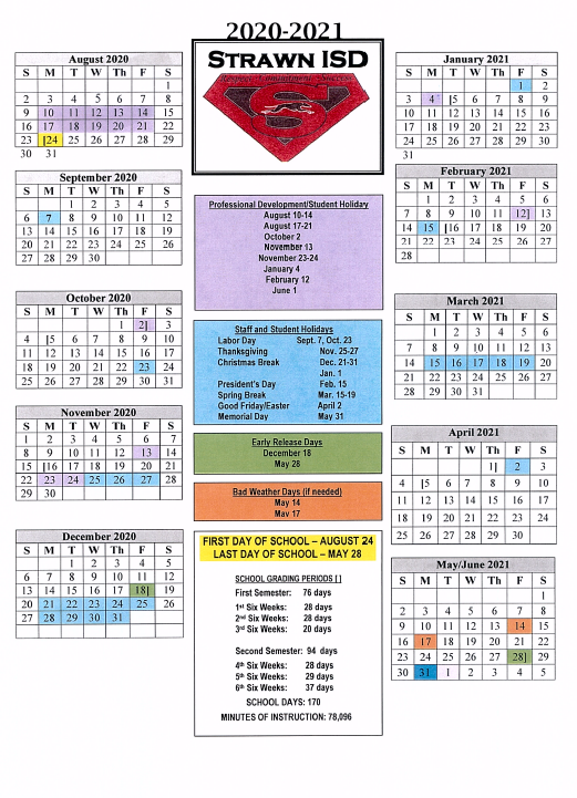2020-2021 School Calendar - Strawn ISD
